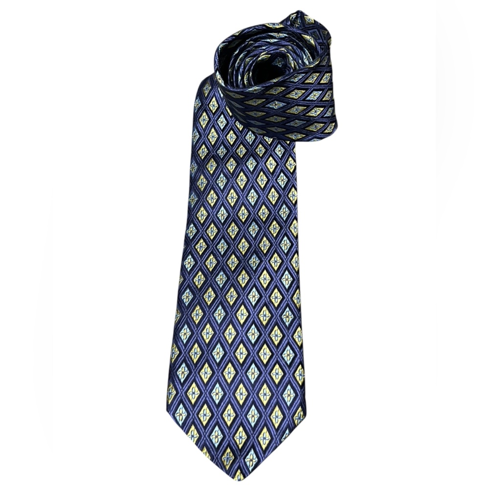 Ike Behar blue and yellow diamond print 100% silk hand tailored in USA tie